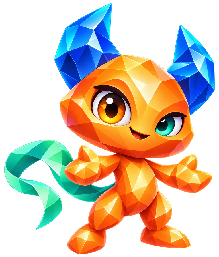 The Prism Imp, an orange low-poly crystal imp with blue crystal horns and a mint ribbon